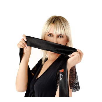 Obsessive verführerisches 4-teiliges Damen Unterwäsche-Set Modell 840 aus BH, Strapsgürtel & String, mit exklusiver Satin-Augenbinde made in EU, schwarz-Stickerei, Gr. L/XL