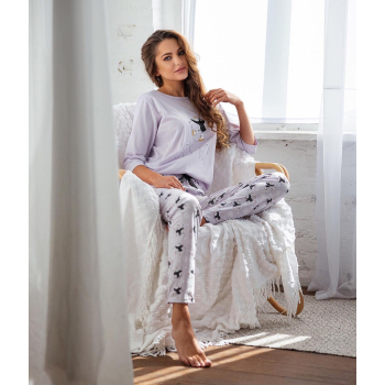 S& SENSIS Damen Baumwoll-Pyjama/ Hausanzug Ellie (made in EU), L (40), Flieder mit Pinguinen