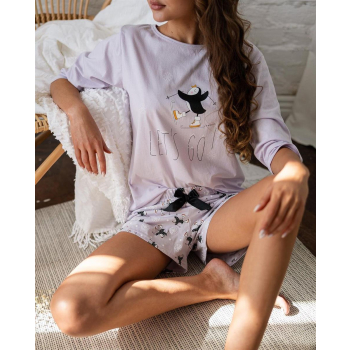 S& SENSIS Damen Baumwoll-Pyjama/ Hausanzug/ Shorty Carina (made in EU), XL (42), Flieder mit Pinguinen