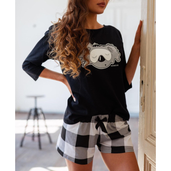 S& SENSIS Nachtwäsche-Set Pyjama Schlafanzug Hausanzug Fluffy, made in EU, (L (40), Schwarz/Weiß mit Koala