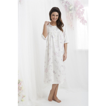 DOROTA elegantes langes Damen-Nachthemd Stillnachthemd mit Alloverdruck auf Pastellfarben, 100% Baumwolle