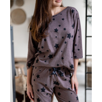 S& SENSIS Woman Star Damen Schlafanzug Langarm, S (36), Braun mit Sternen